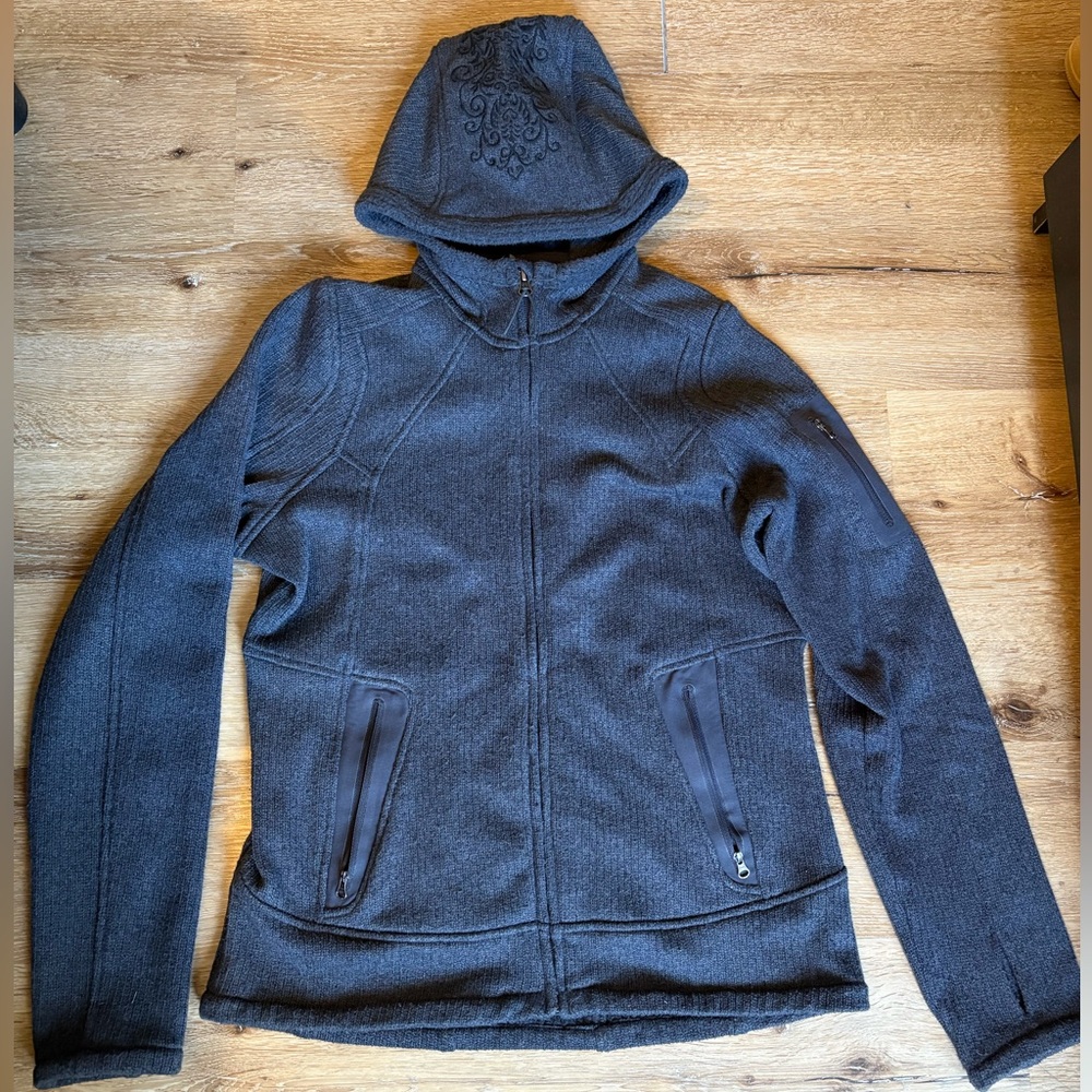 Athleta Elvish Elf Hooded Ribbed Textured Jacket with Embroidery in Dark Gray